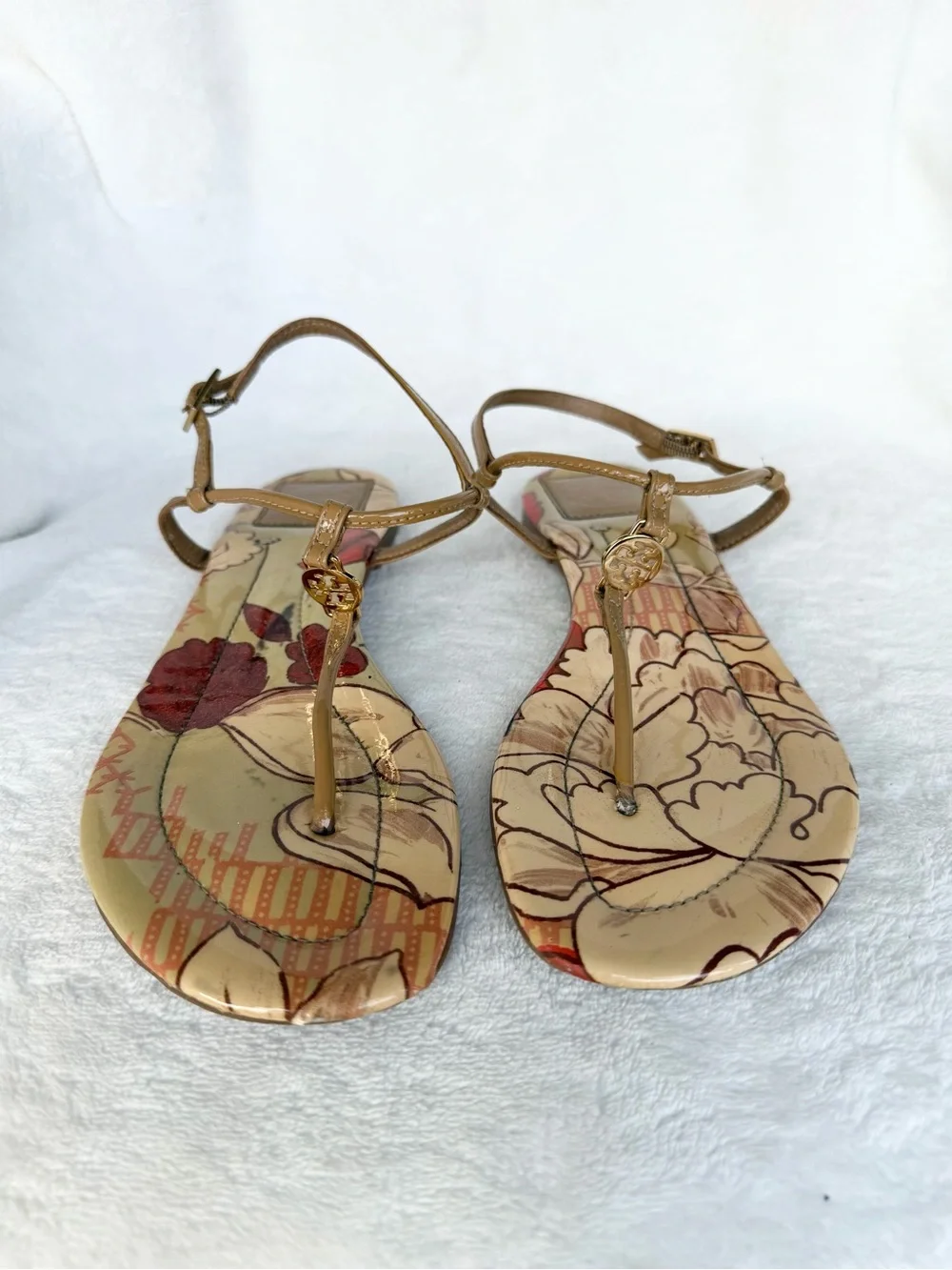 Tory Burch Women’s Floral Print T-Strap Flat Sandals 7.5